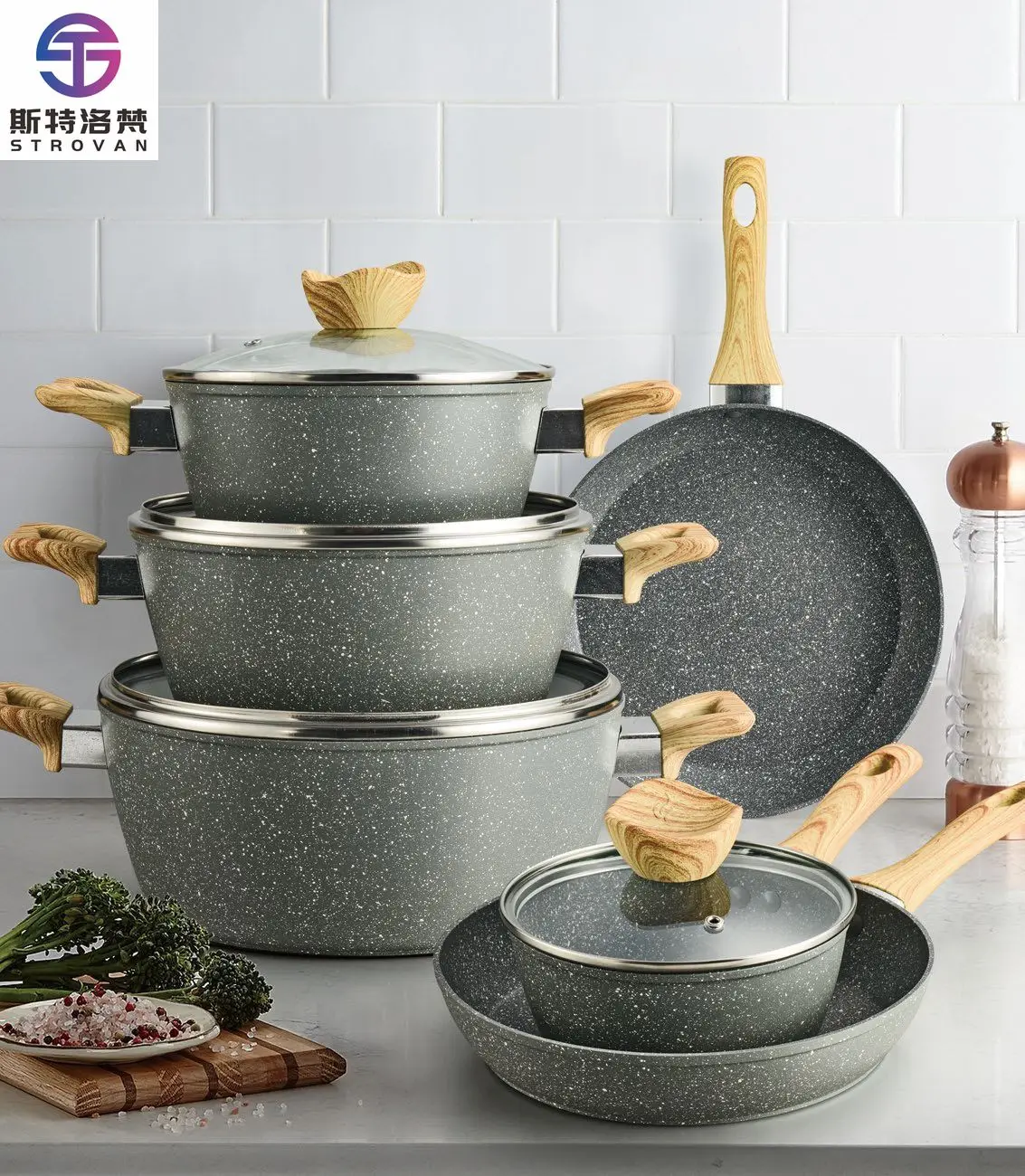 

10 Pieces Aluminum Non-stick Cookware Set Medical Stone Gas Induction Cooker Universal Soup Pot Milk Pot Frying Pan Set with Lid