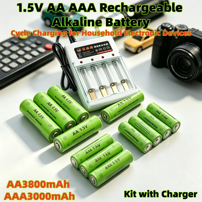 Kit di batterie ricaricabili alcaline 1,5V AA AAA AA3800mAh AAA3000mAh con caricabatterie a 4 slot e spina europea per telecomandi, torce, fotocamere e giocattoli