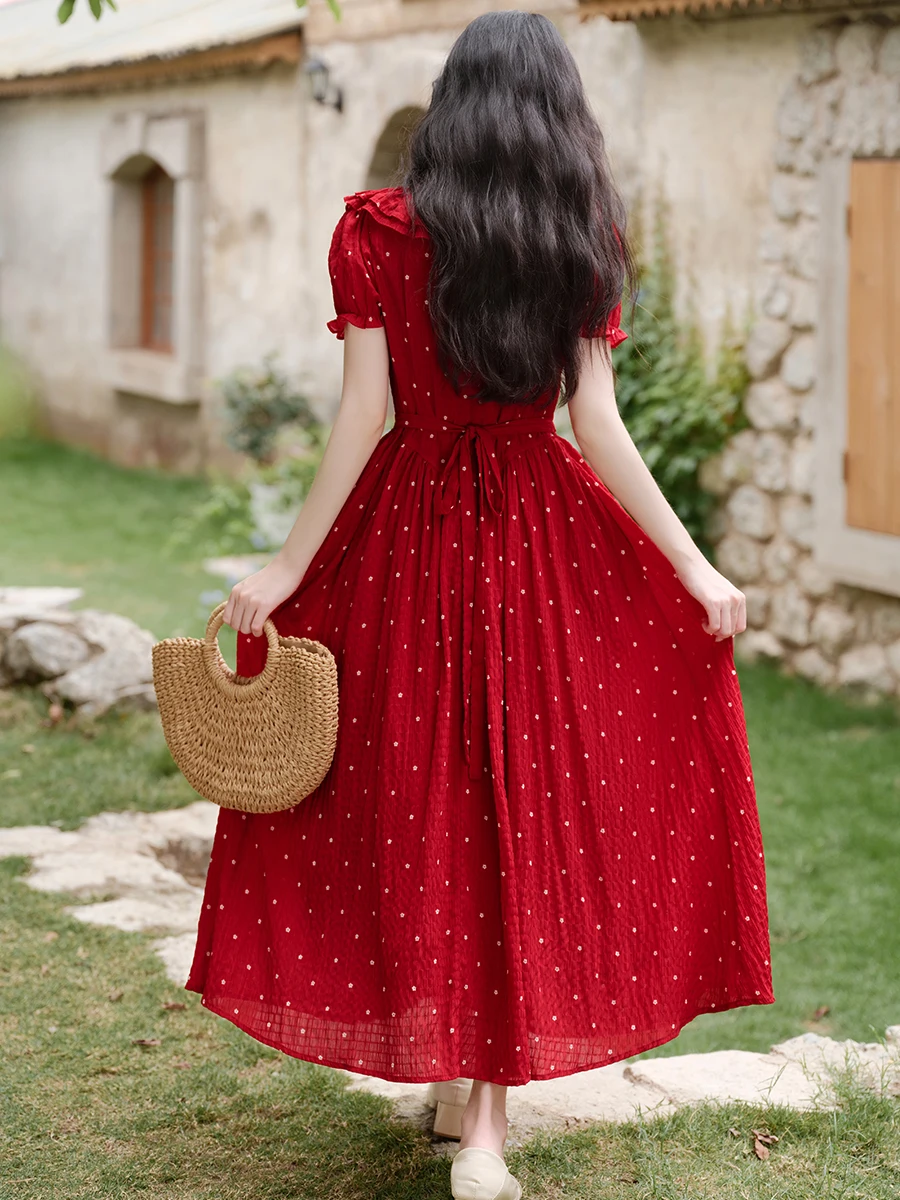 2023 neue Rote Polka Dot Quadrat Kragen Dr Abnehmen Langen Rock Sommer frauen Süße Hohe Taille Blase Sve Princ kleid