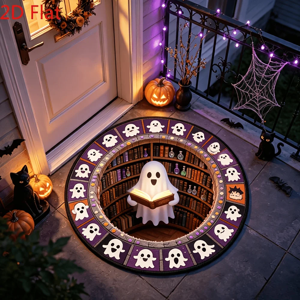Gothic Novelty Round Area Rug Whimsical Ghost Reading Pattern Carpet Modern Balcony Apartment Studio Floor Decoration