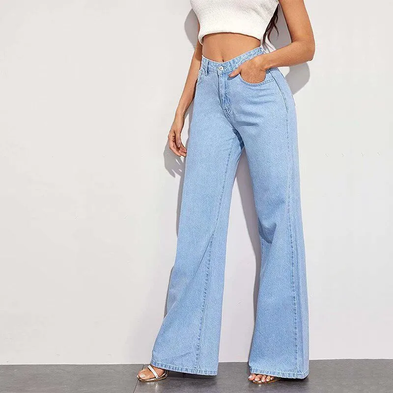 

High Waist Comfortable Wide Leg Denim Jeans Women's High Street Sle Commuter Versatile Button Straight Leg Pants