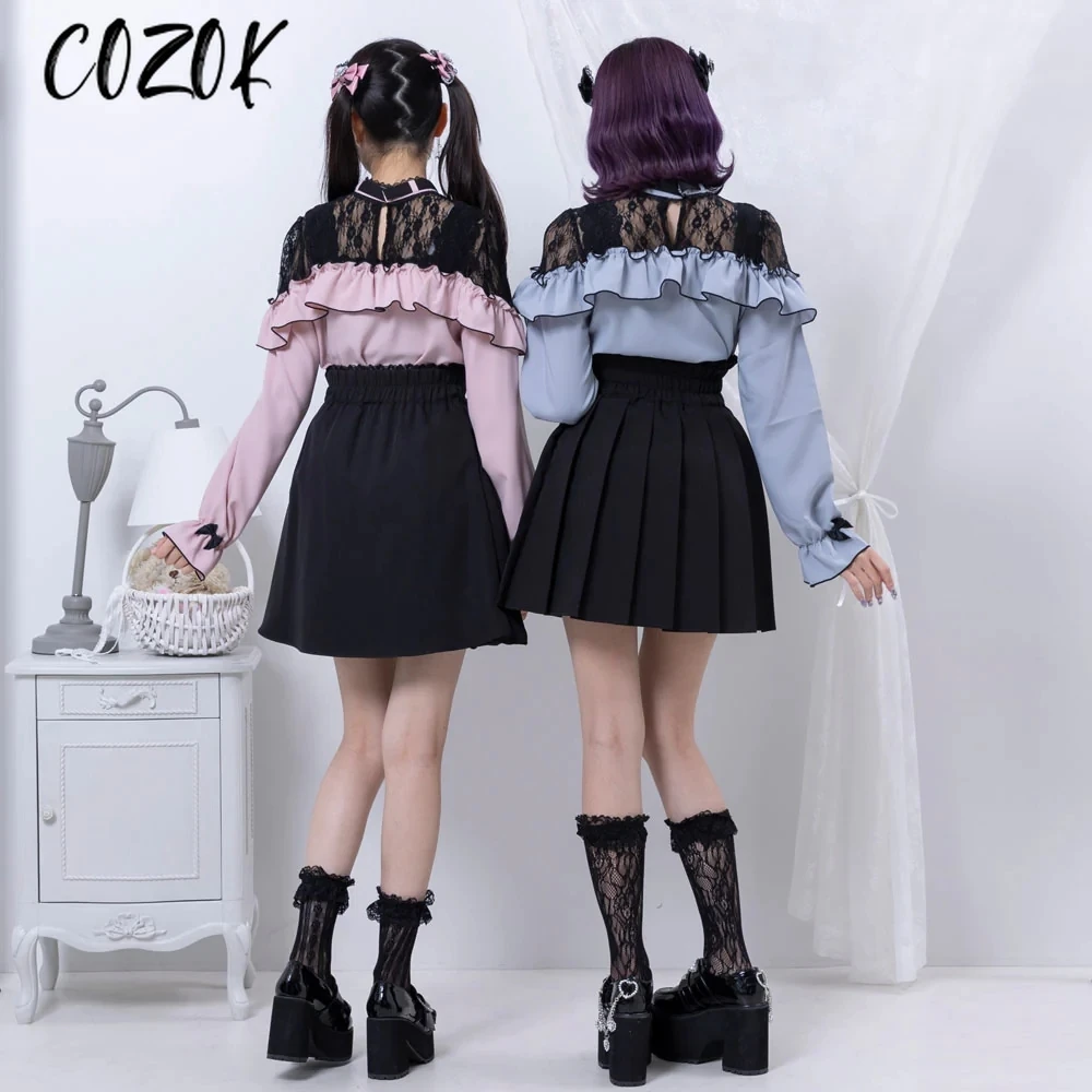 Autumn New Japanese Shirts Cute Lolita Sweet Lace Splicing Bow Love Fungus Edge Long Sleeve Blouse Girls Bottoming Shirt Camisas