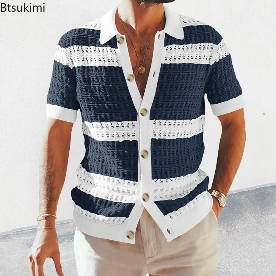 2024 Spring Summer Casual Mens Knitted Shirts Loose Short Sleeve Buttoned Lapel Knit Cardigans Men Clothes Vintage Striped Shirt