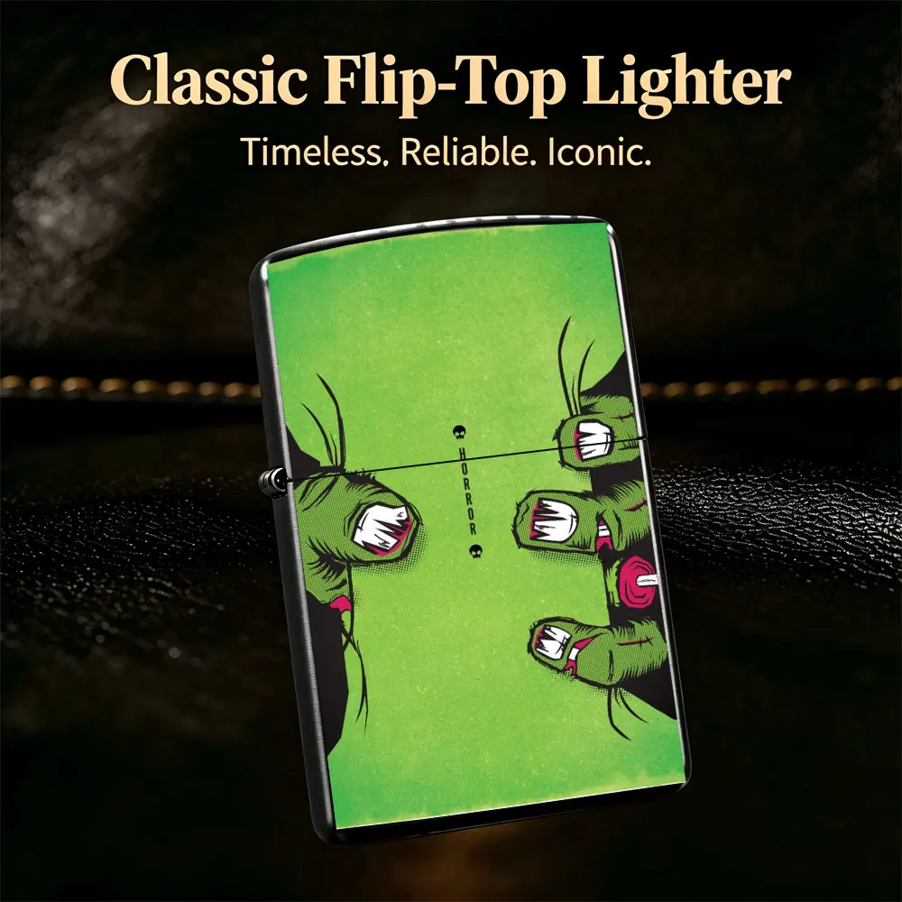 Pocket Lighter, Flip Top Windproof Design, Metal Case, Two Hands with Scissors Print, Ergonomic Grip, Portable & Durable