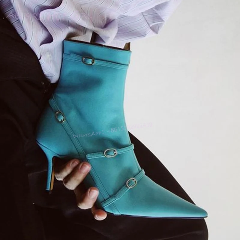 

Sky Lake Blue Buckle Short Boots Women Green Leather Simple Pink Pointed Toe Side Zipper Ankle Booties Denim Light Color Shoes