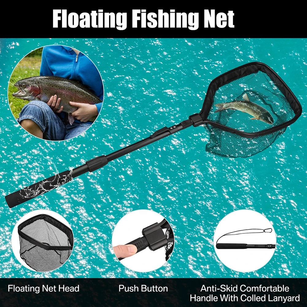 Floating Fishing Net Foldable Landing Net Easy Catch&Release with Telescopic Pole Rubber Coated Fish Net for Saltwater Freshwate