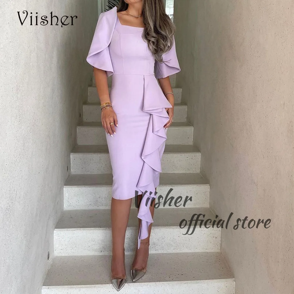 

Viisher Lilac Satin Mermaid Evening Dresses Short Sleeve Ruffles Tea length Formal Party Dress Dubai Arabia Women Outfits