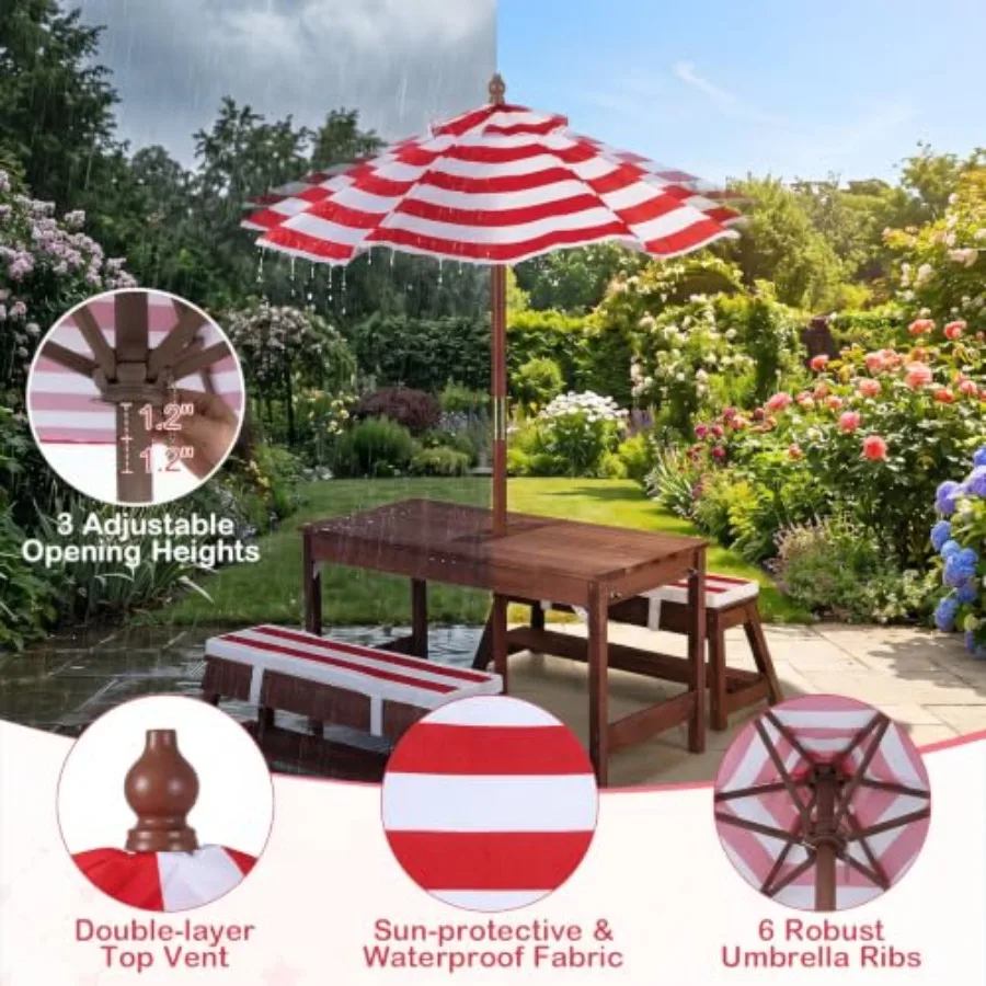 Outdoor kids picnic table for patio backyard use, made of wood, natural color, 4-in-1 multifunctional with umbrella, sand water