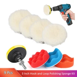 9 Pcs Drill Polishing Pad Kit 3 Inch Wool Buffing Polishing Pads Buffing Sponge Hook & Loop Backing Pad with M10 Drill Adapter