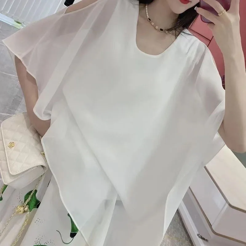 Trend All-match Solid Color Irregular Chiffon Blouse Summer Women\'s Clothing Off Shoulder Casual Round Neck Shirt for Female