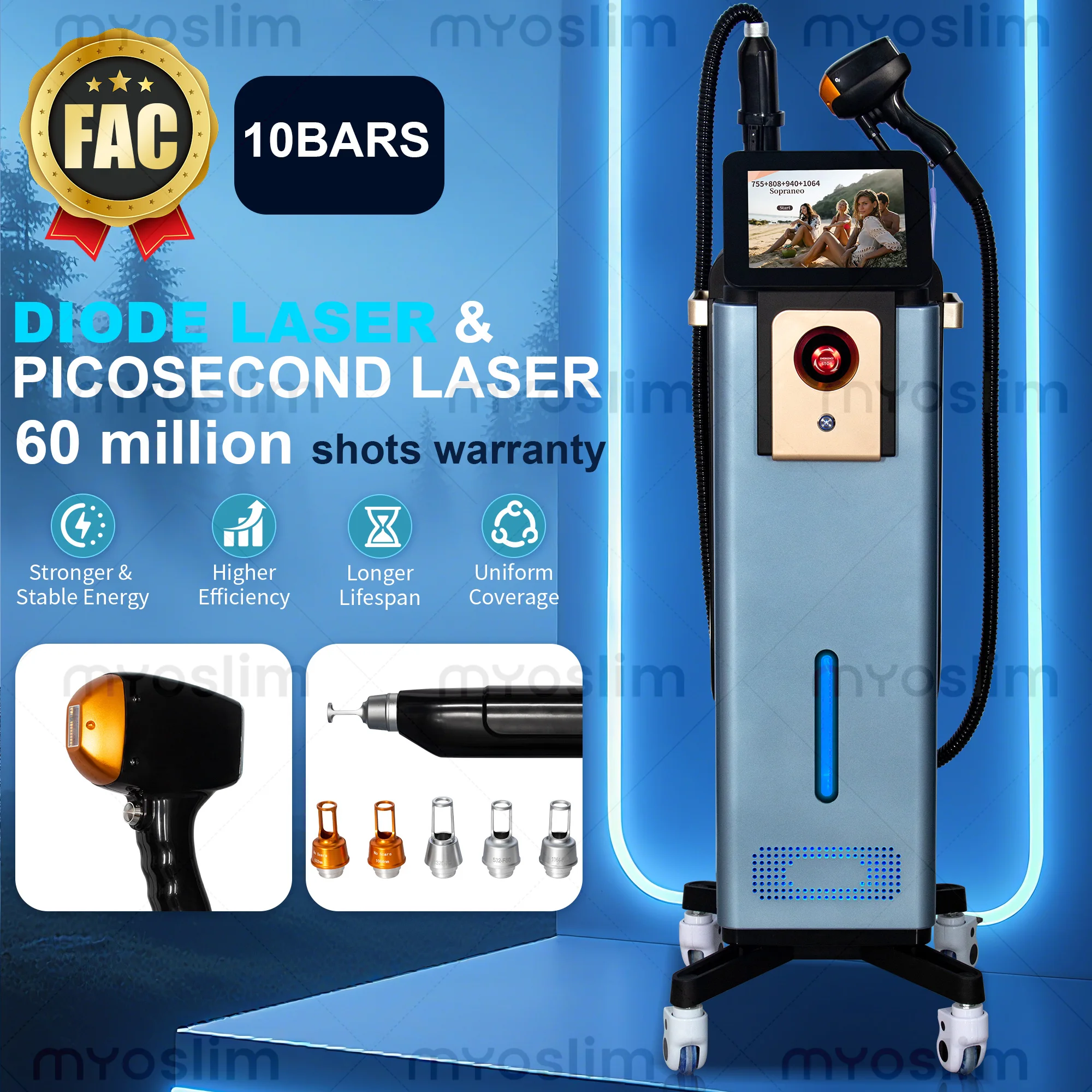 Diode Laser Hair Removal 4 Wavelengths  Pico Tattoo Removal Machine  755nm  FAC Collimation Ice Cooling System Foldable Touch