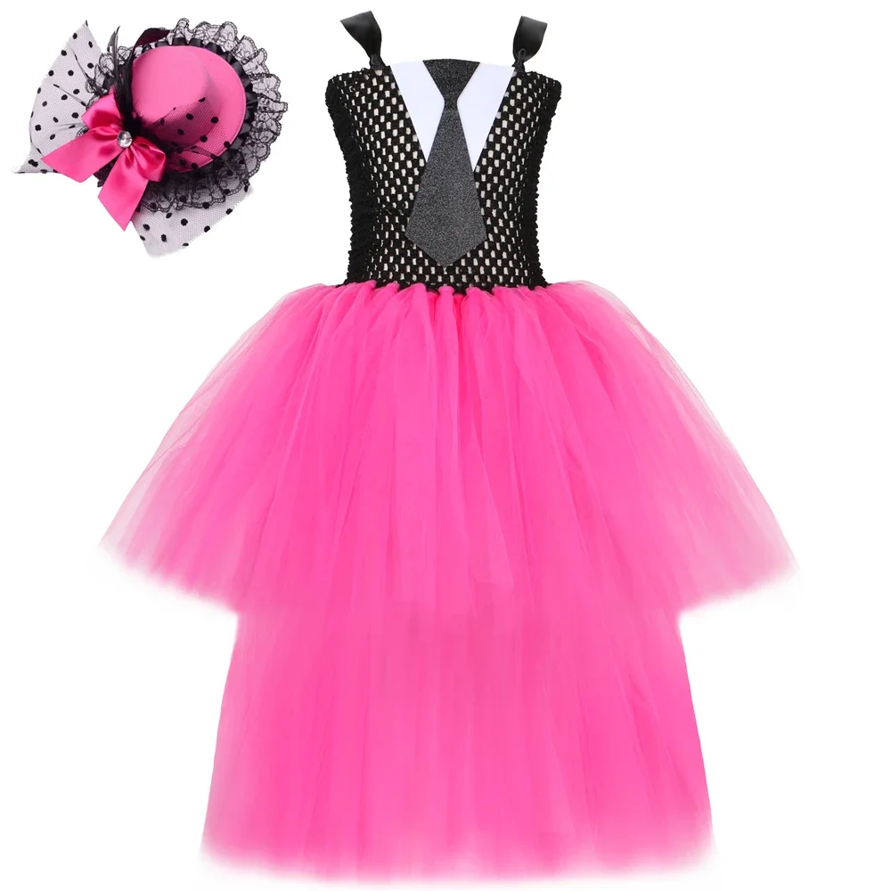 Girls Boss in Charge Tuxedo Tutu Dress with Train High Low Tulle Princess Dress Black Pink Kids Halloween Holiday Party Costume