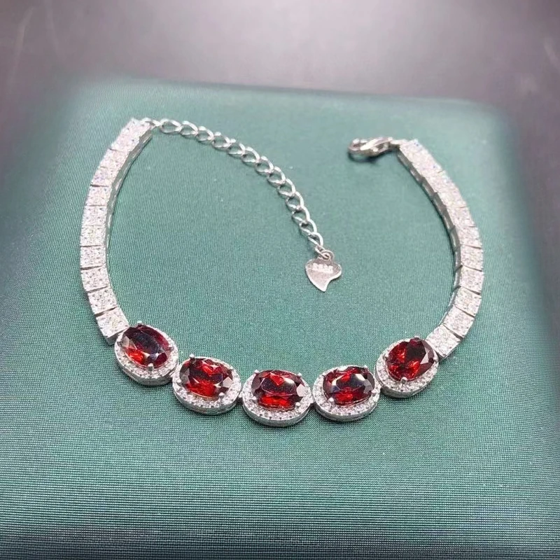 

Classic 925 Silver Gemstone Bracelet 6mm*8mm 5ct Natural Garnet Bracelet Gold Plated Garnet Jewelry with Gold Plated