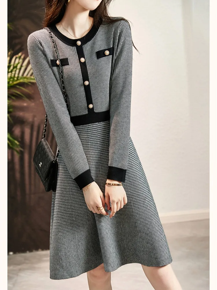 New Vintage Plaid Knitted Dress Women Elegant Autumn Winter O-neck Long Sleeve Slim Waist A-line Midi Sweater Dresses Vestidos