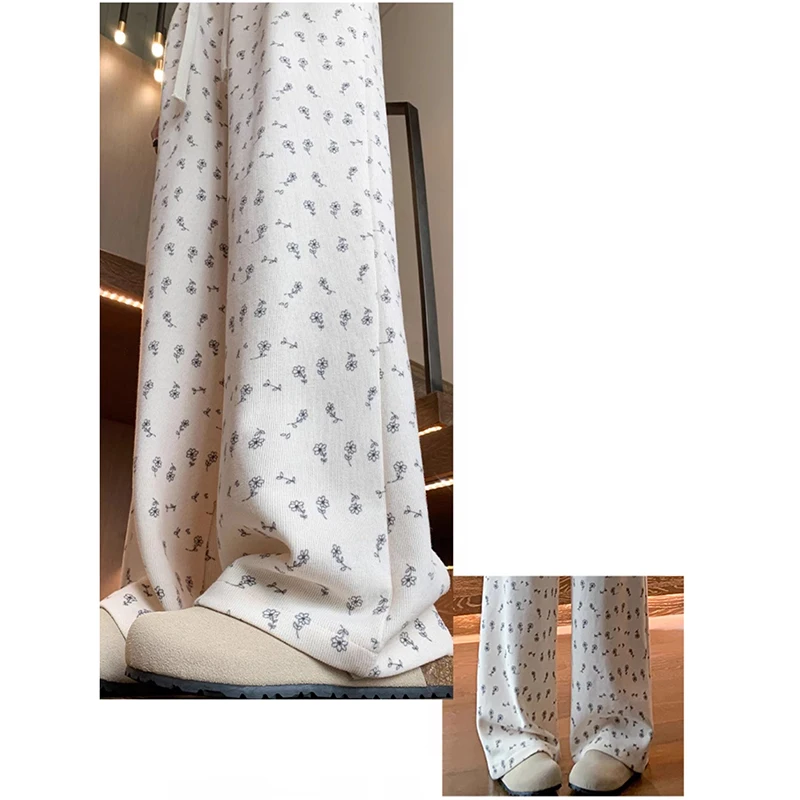 Cutecore-Calças femininas largas de cintura alta, grafismo floral, perna reta, calças femininas, calças especiais de férias, coreano