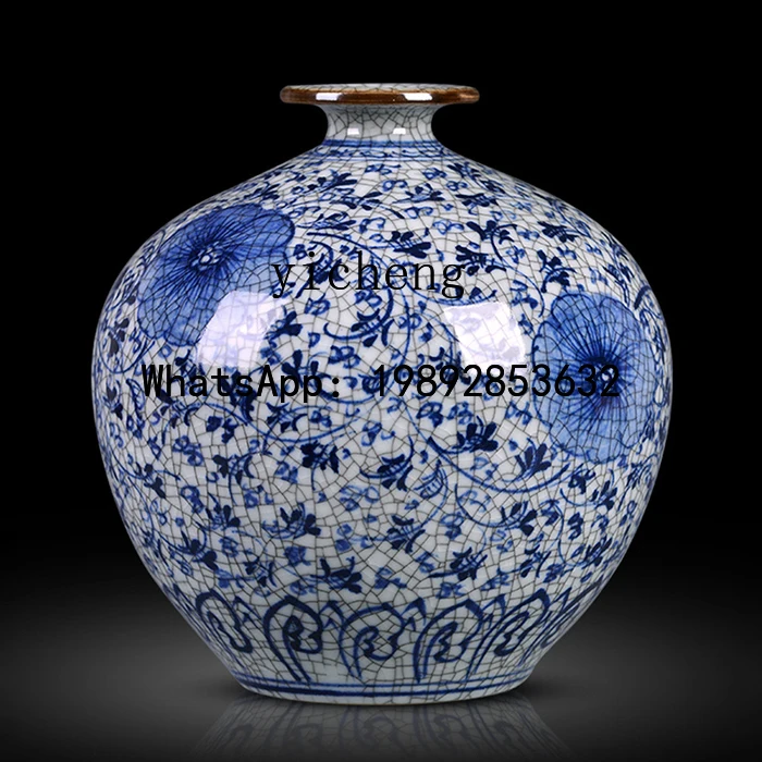 HT ceramic vase ornament, living room flower antique Chinese TV cabinet, home desktop decoration,