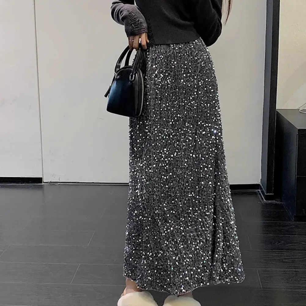 Jupe mi-longue à lacets pour femmes, ligne a, garniture à paillettes, décoration de paillettes brillantes, façonnant les jambes, taille haute, fente au dos