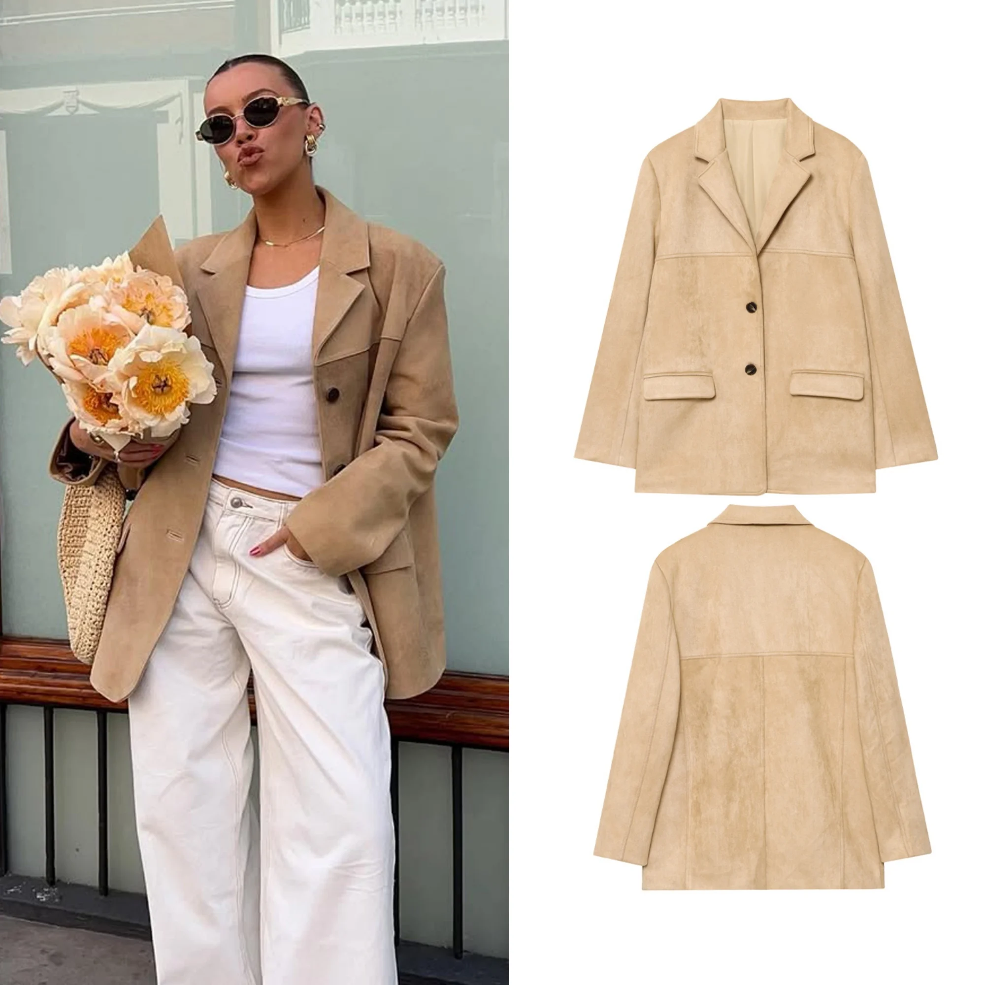 

Женский замшевый пиджак, новый женский пиджак с карманами и лацканами, однобортный дизайн с разрезом сзади, подходящие пальто