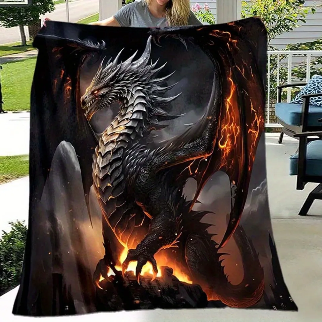 Ultra-Soft 3D Black Dragon Print Flannel Blanket - Vibrant Fantasy Design with Fiery Effects, Perfect for Bed, Sofa, Office