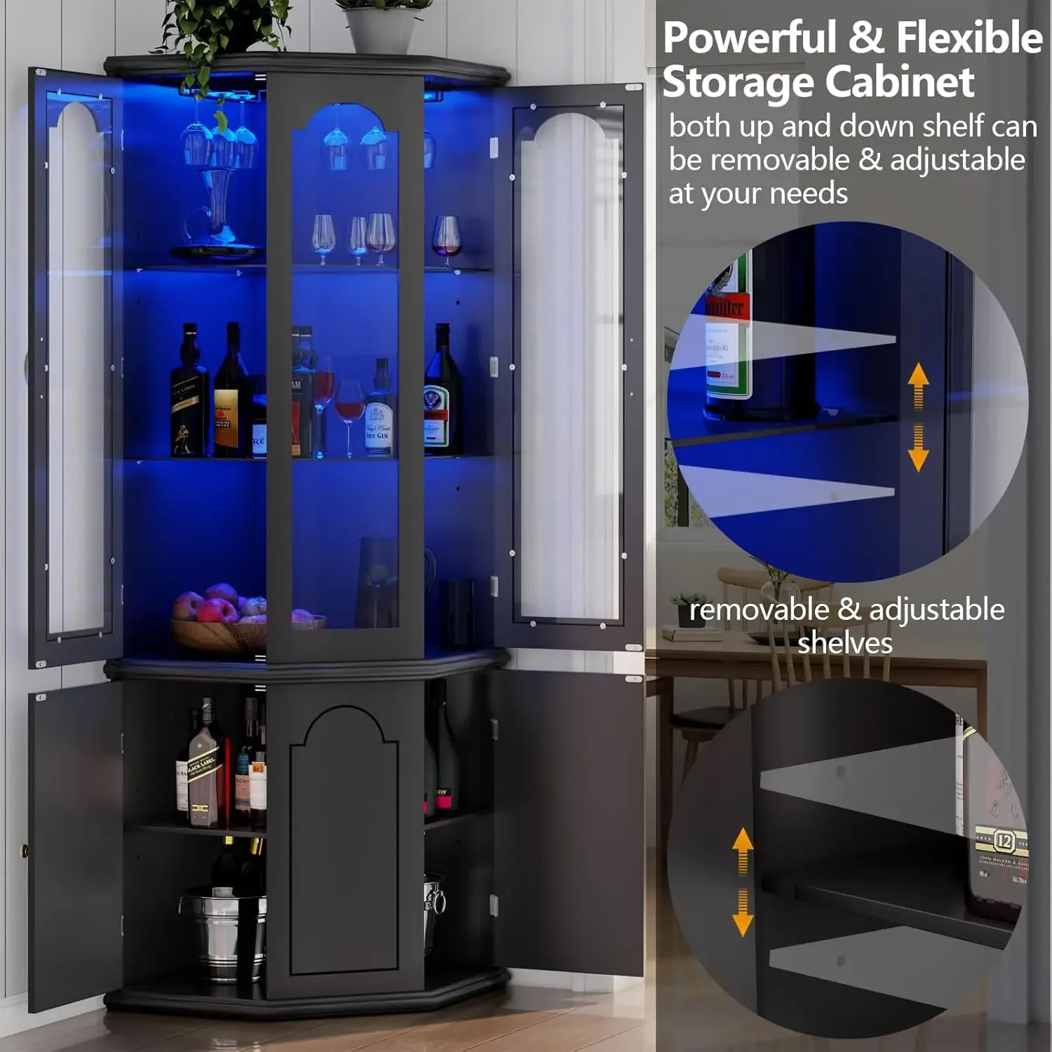 Corner Bar Cabinet w/LED Lights, Tall Modern Wine Cabinet with Tempered Glass Door & Adjustable Shelves