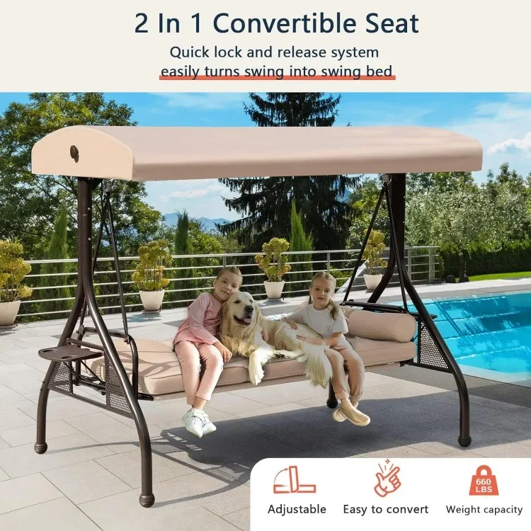 Patio Porch Swing, 3-Seat Outdoor Swing with Adjustable Canopy, Waterproof Fabric Cushion, Pillow and Foldable Side Tray