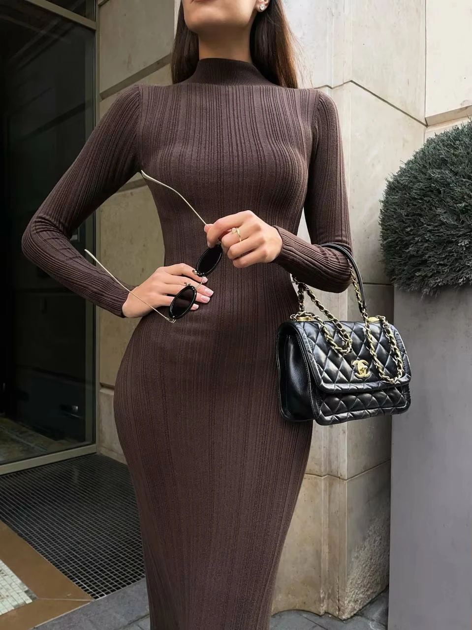 

2024 Autumn Winter New Women Knitted Long Sleeved Sweater Dress Sexy High Neck Slim Fit Striped Fashionable Sweater Outwear