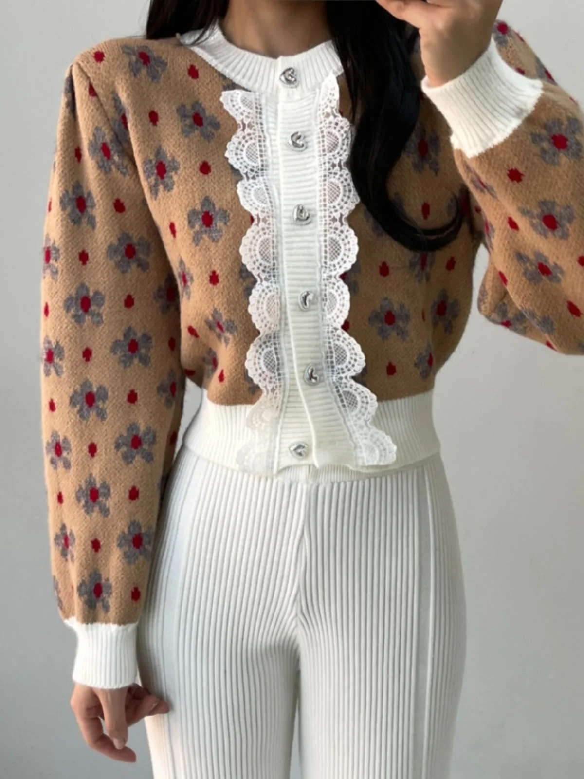 Thiened ort gebreid vest dames retro bloemborduurwerk kanten rand Bubble Sve open voorkant trui bovenkleding