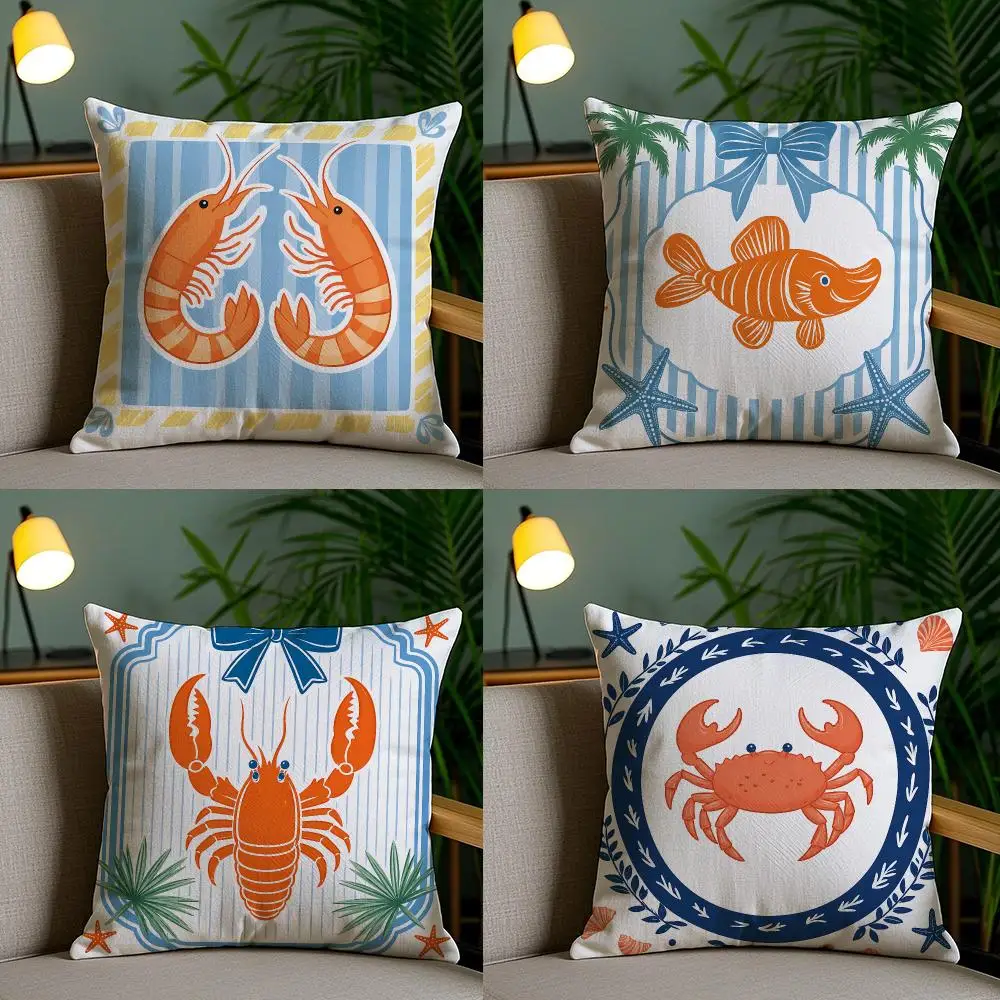 4PC Preppy Crab Shrimp Print Cushion Cover Soft Plush Double-Sided Print Pillow Case Home Decor for Sofa Living Room Gift