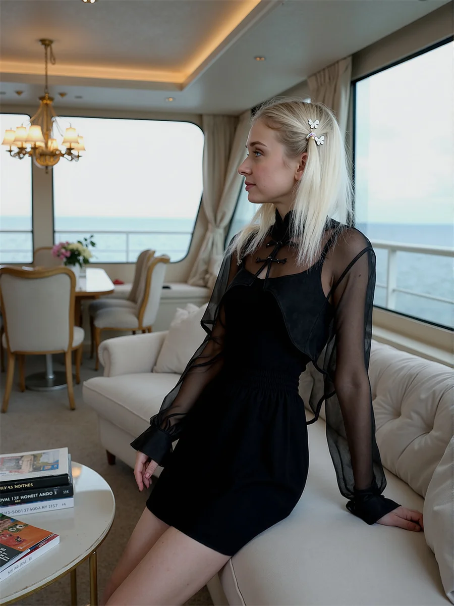 Long Sleeve Women Shirt Ladies Black Mandarin Collar Stand Neck Chinese Front Simple Basic Casual Minimalist Top Button Stylish