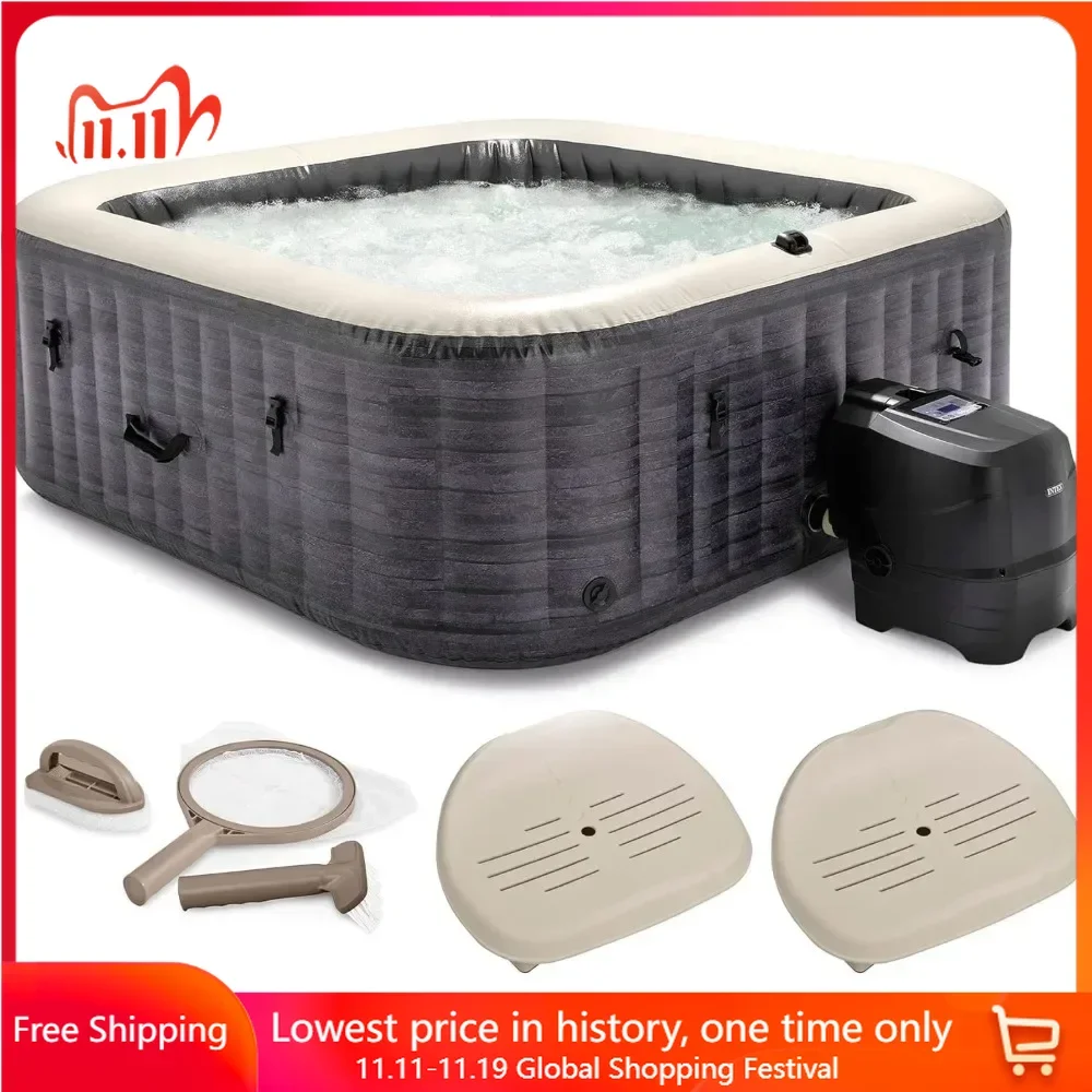 Outdoor Hot Tub, Maintenance Kit W/Brush, Skimmer and Scrubber, Slip Resist Inflatable Removable Seat, Inflatable Square Hot Tub