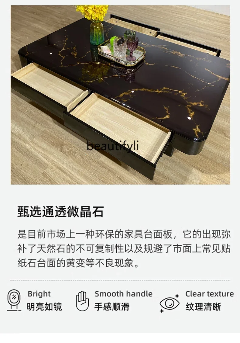 CC    Light luxury Italian black coffee table heightened living room glass long coffee table supercrystalline stone table
