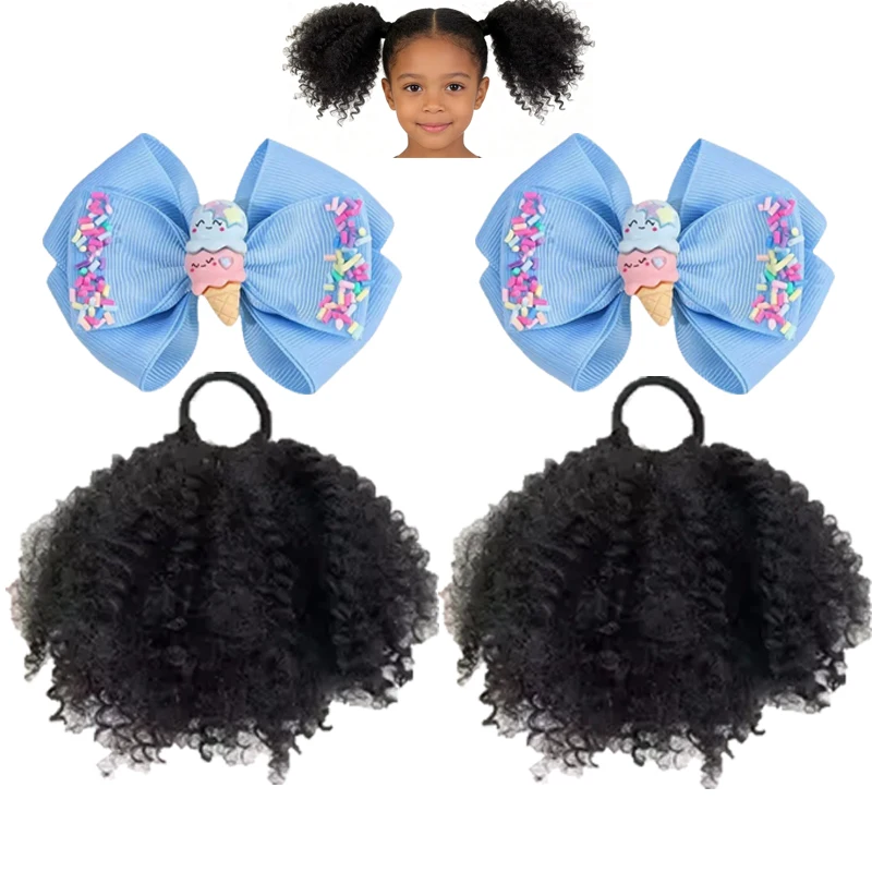 

Children’s Curly Puff Ponytail 4pcs Set, Afro Kinky Curly Hair Extension + Glitter Bow Clip, Gentle on Hair, for Little Girls