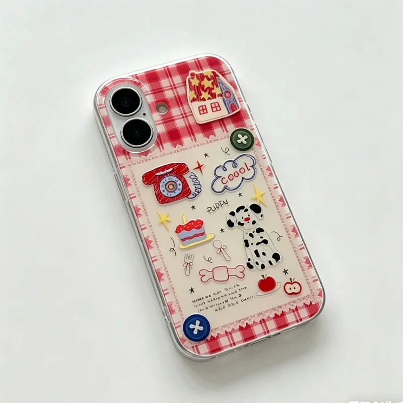 Korean Ins Light Asian Wind Red Plaid Spotted Dog Phone Case For iPhone 17 Air 16 15 14 13 12 11Pro Max Plus Y2k Anti Fall Cover view 4