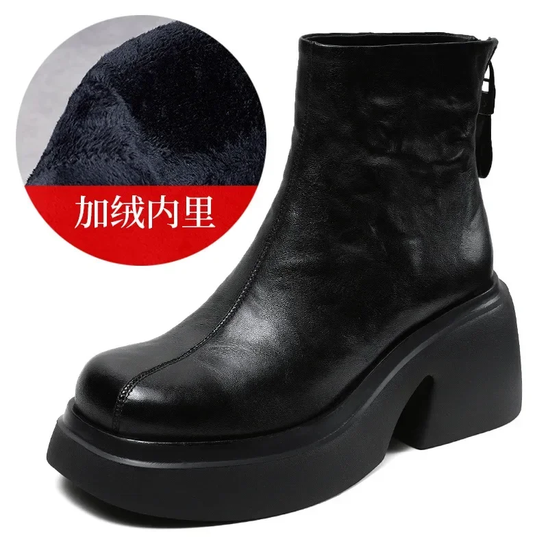 Genuine Leather High Heel Platform Short Boots Women 2024 Winter New Versatile Warm Plush Cotton Boots