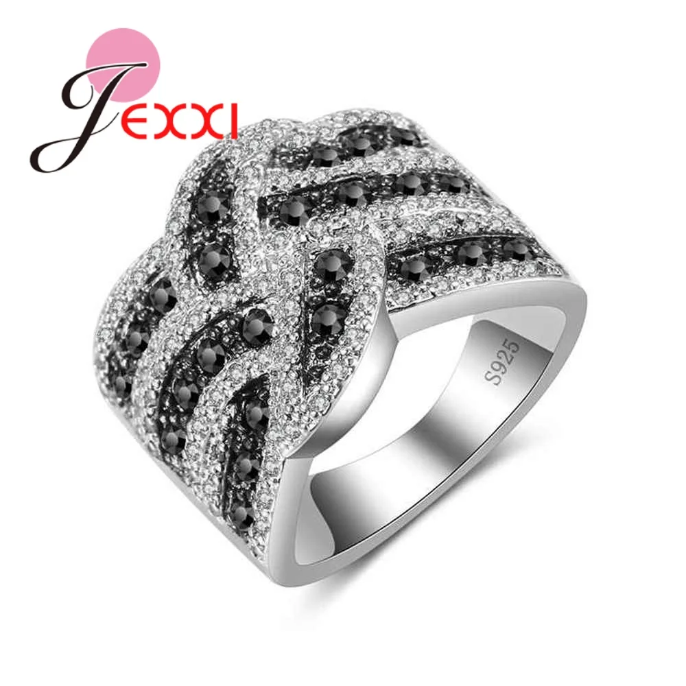 

New Arrival White Black Crystal Cross Ring Fashion Wide Loop Jewelry 925 Silver For Women Girls Holiday Gifts