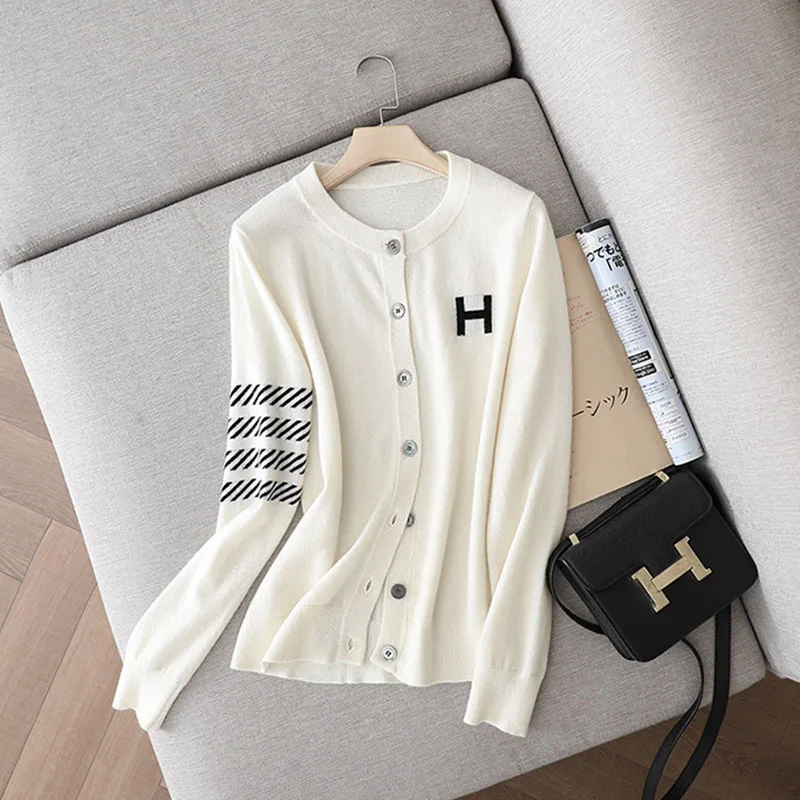 Women Clothing Solid Letter Embroidery Short Knitwear Spring Daily Casual Simple Solid Loose Sweater Cardigan Comfortable Top