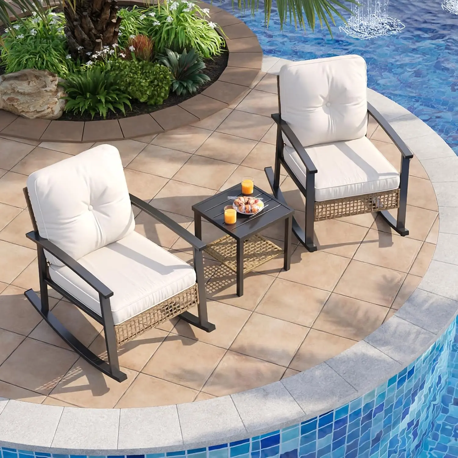 

3-Piece Outdoor Rocking Bistro Set, Patio Furniture Set with Coffee Table and Thick Cushions, Wicker Rocking Chairs Set of 2