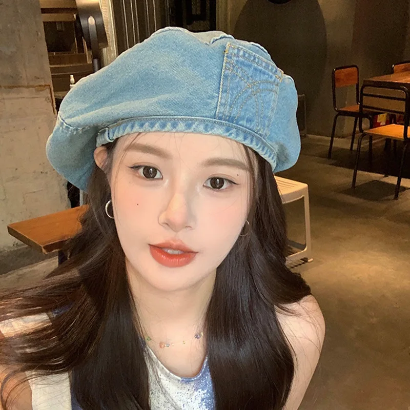 Women Washed Washed Demin Blue Beret Cap with Pocket Korean Japanese Style Retro Jean Ivy Irish Flat Painter Hats