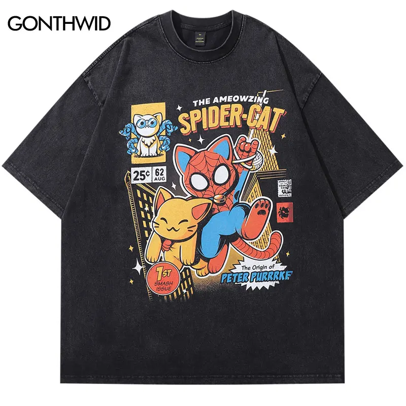 Vintage Black Oversized T-Shirt Funny Spider Cartoon Cat Graphic Print Washed Tshirt Streetwear 2024 Harajuku Hip Hop Punk Tops