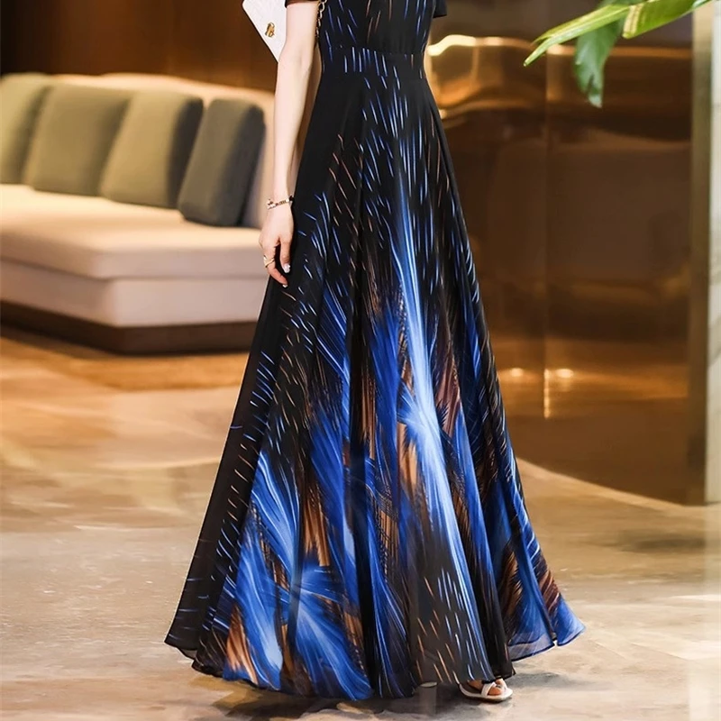 2025 nuevo verano largo ajustado falda de gasa para mujer con cuello en V manga corta Casual moda Maxi vestidos para elegantes ropa de fiesta de lujo
