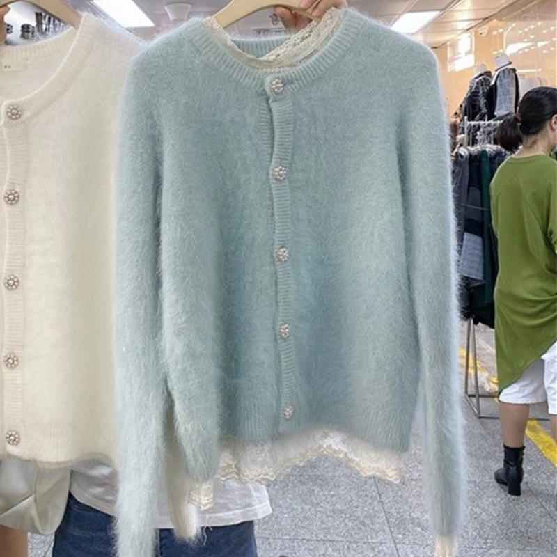 

Autumn New Soft furry Cardigan Women's Gentle Style Loose Short Sweater Coat Round Collar Cyan Fuzzy Knitted Jumpers Pink Color