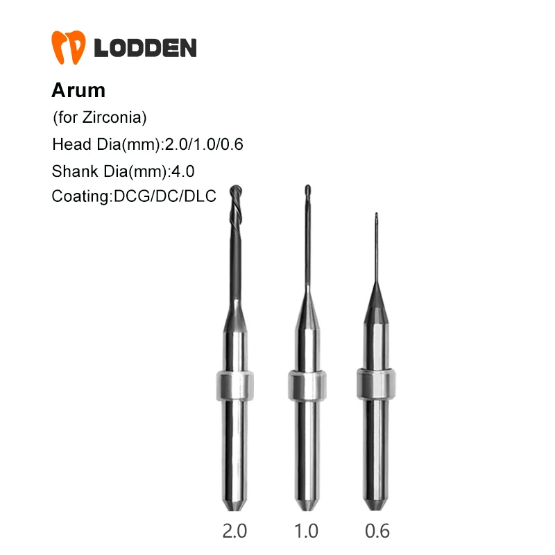 Materiali dentali Frese Arum per punte abrasive in zirconio D4 * 2,0 mm/1,0 mm/0,6 mm Diamante DC DCG DLC Strumenti per denisti