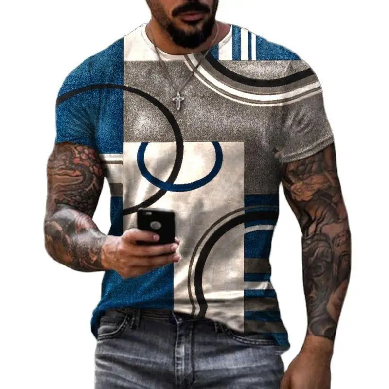 Men Geometric Circle Splicing Print Crew Neck Short Sleeve Tee Multi Color Casual Shirts