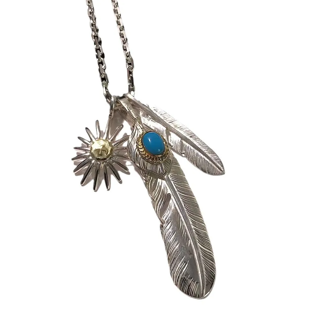 Fashion Japanese Takahashi goros feather inlaid turquoise feather silver sun decorative set necklace