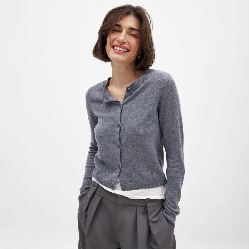 Womens Solid Color Knit Cardigan Long Sleeve Round Neck Thin Base Layer Top 2026 Spring Fall New European American Style Trendy