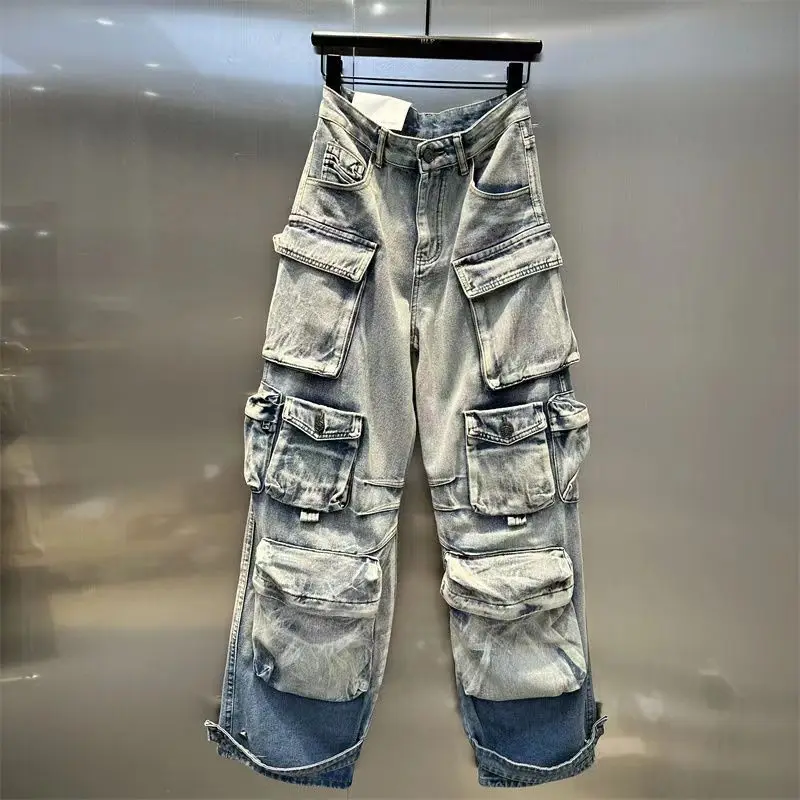 American Spice Girl Heavy Industry High Street Multi-Pocket Wide Leg Hip Hop Jeans Y2K High Waist Baggy Straight Pants Tide