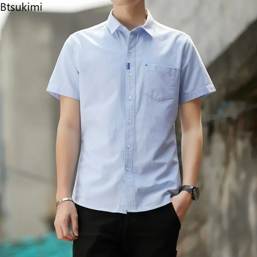 2026 Men's Casual 100% Cotton Shirts Solid Korean Slim Fit Short Sleeve Formal Office Business Shirts Coats Male Social Shirts
