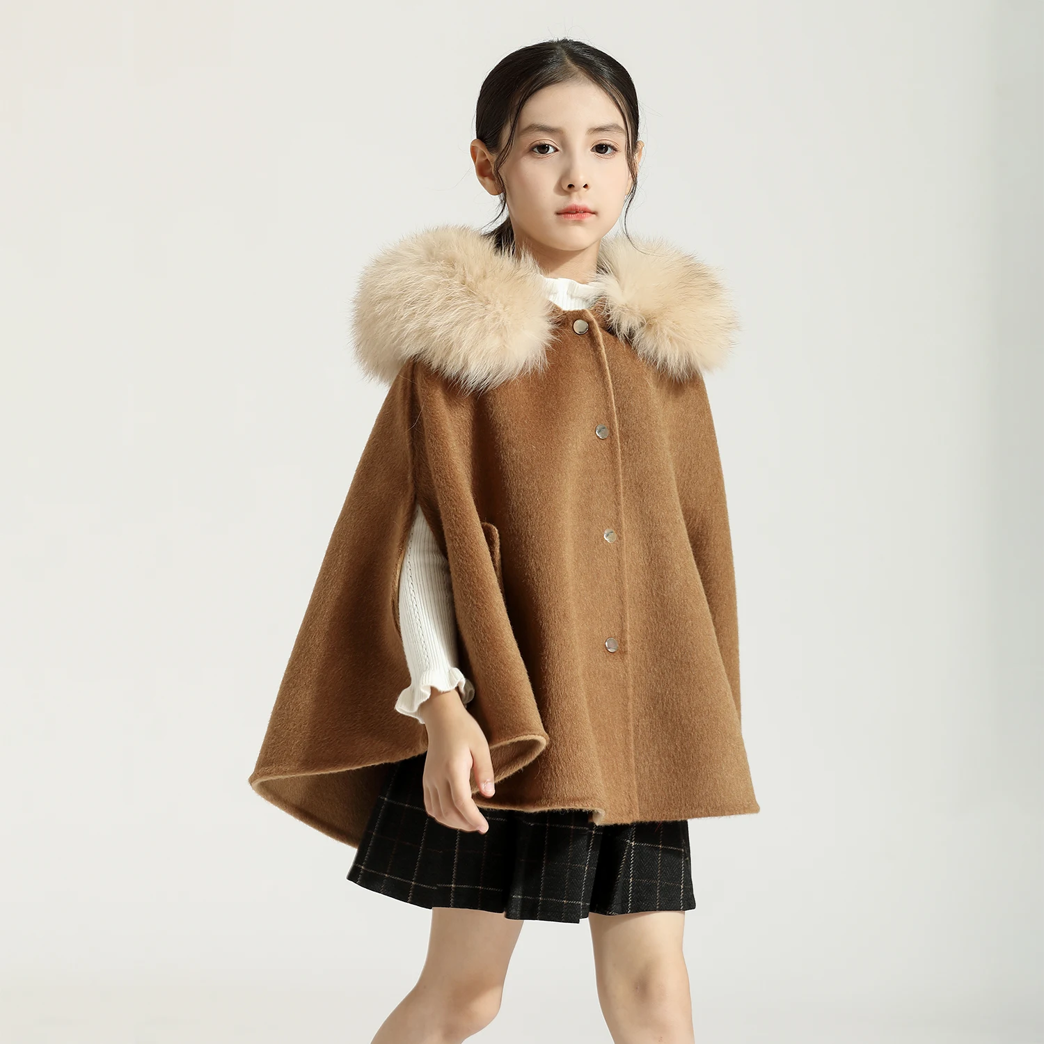 Winter 2022 New Girls Woolen Coat  Woolen Cape Fox Fur Collar Kids Jacks for Girls Baby Girl Winter Cloths  Girls Coat