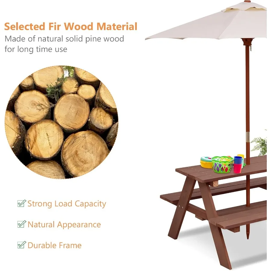 Natural Wooden Picnic Table Bench Set with Removable Umbrella for Outdoor Use in Backyard and Garden Durable and Stylish Patio