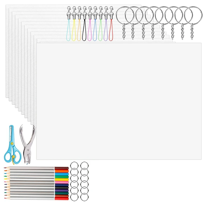 B-T Shrinky Plastic Sheets Keychain Kit, 234Pcs Shrinky Art Kit Including 40 Pcs Shrink Plastic Sheets, Hole Punch, Pencils